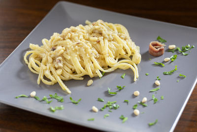 High angle view of food in plate on table