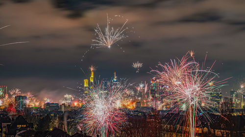 The frankfurt skyline with firework at new years eve