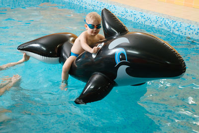 Toddler child swimming on inflatable whale on the water. kid playing learning to swim with equipment