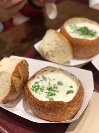 High angle view of breakfast served on table