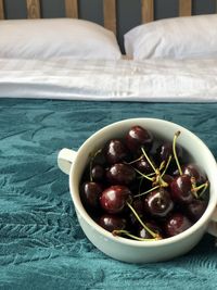 High angle view of fruits in bowl on table