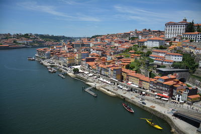 High angle view of river by town against sky