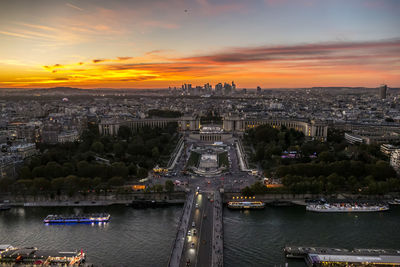 Aerial view of trocadero and the seine river in paris at sunset