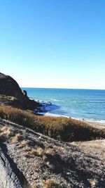 Scenic view of sea against clear blue sky