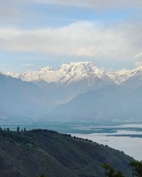 Scenic view of snow covered mountains against sky