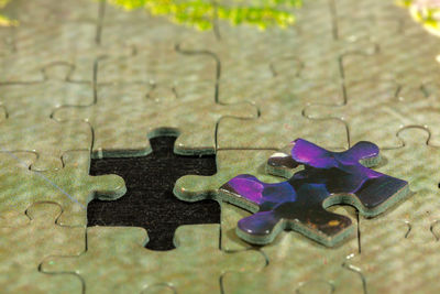 High angle view of metal fence on wood