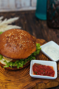 Close-up of burger in plate on table