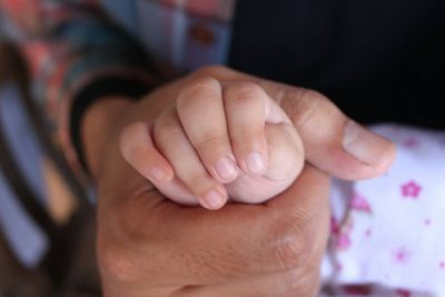 Close-up of baby holding hands