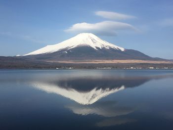 Scenic view of lake and snowcapped mountains against sky