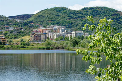 Houses by trees and buildings against sky