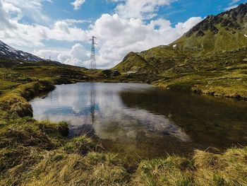 Scenic view of lake and mountains against sky