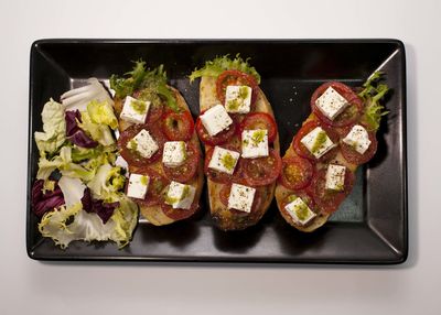 High angle view of food in plate on table