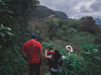 Rear view of people walking on road amidst trees