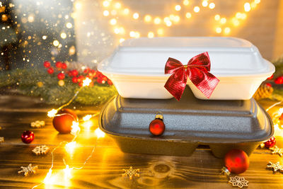 Close-up of christmas decorations on table