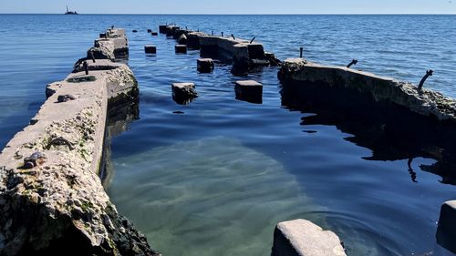 High angle view of rocks on sea against sky