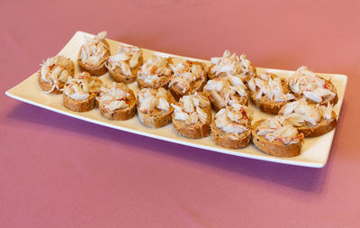 High angle view of serving food in plate on table