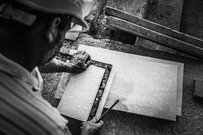 High angle view of man working