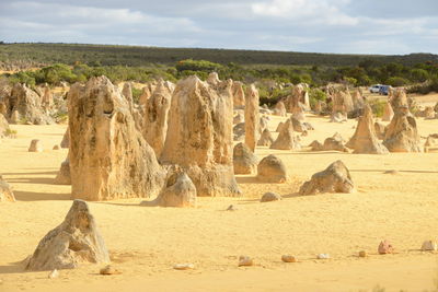 Panoramic view of rocks on landscape against sky