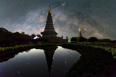 Low angle view of temple against sky at night