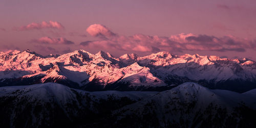 Scenic view of snow covered mountains against sky during sunset