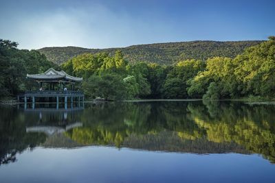 Scenic view of lake against blue sky