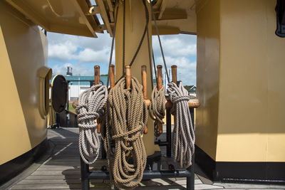 Den helder, the netherlands. july 31 2021. the ropework and corvine nails on the deck of a ship.