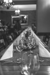 Glass of wine on table in restaurant