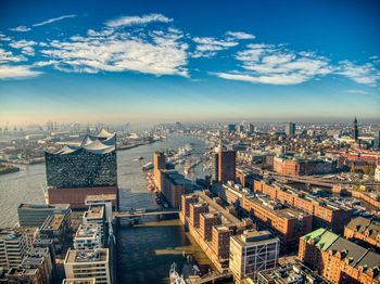 Aerial view of hamburg elbphilharmonie during summer under bright sky