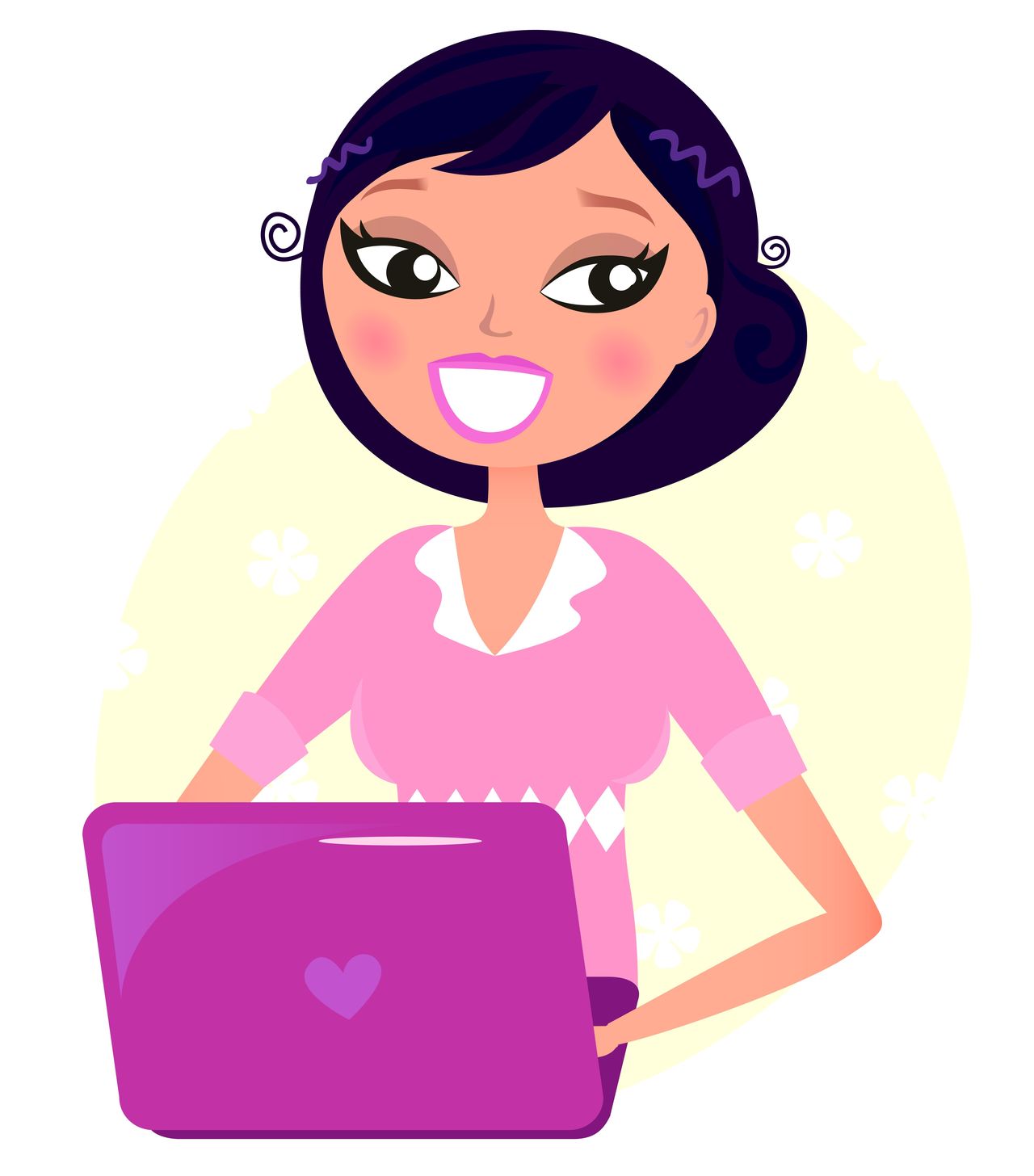 Girl, computer, pink, love, designers, illustration, blackhair