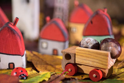 Close-up of wooden toy with autumn leaves on table