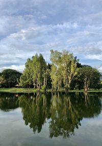 Reflection of trees in lake against sky
