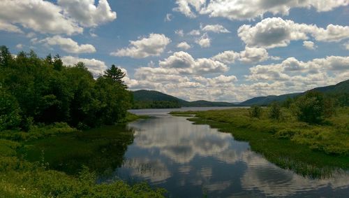 Scenic view of lake against cloudy sky