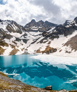 Scenic view of snowcapped mountains against sky