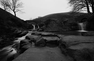 Scenic view of waterfall against sky