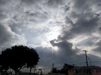 Low angle view of trees and buildings against cloudy sky