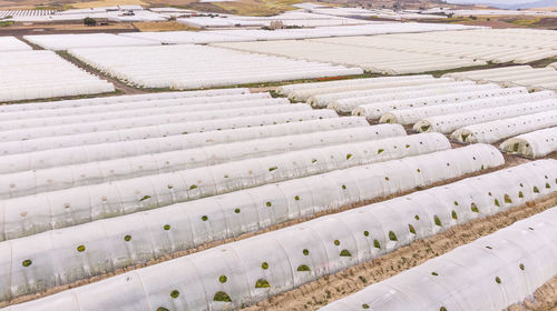 Aerial view of greenhouse on field