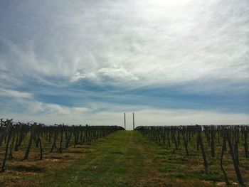 Scenic view of field against cloudy sky