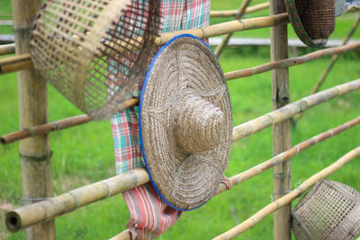 Close-up of lizard on fence in field