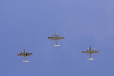 Low angle view of airplanes flying in clear sky