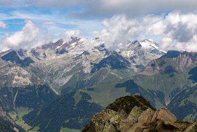 Scenic view of snowcapped mountains against sky