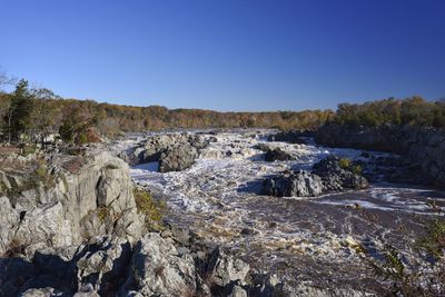 Scenic view of landscape against clear blue sky