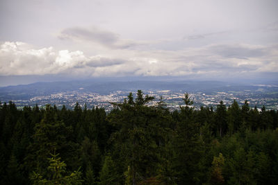 High angle view of trees and cityscape against sky