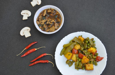 High angle view of vegetables in plate on table