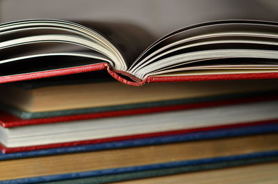 Close-up of hardcover books stack