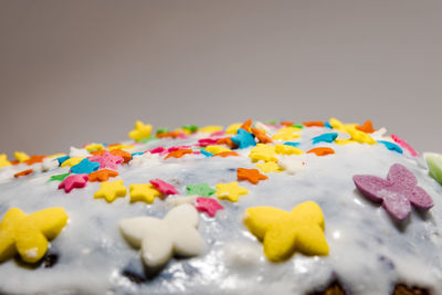 Close-up of multi colored candies on table