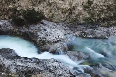 High angle view of waterfall in forest