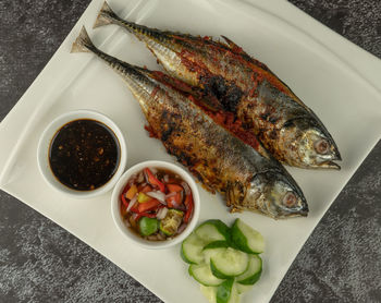 High angle view of fish served in plate