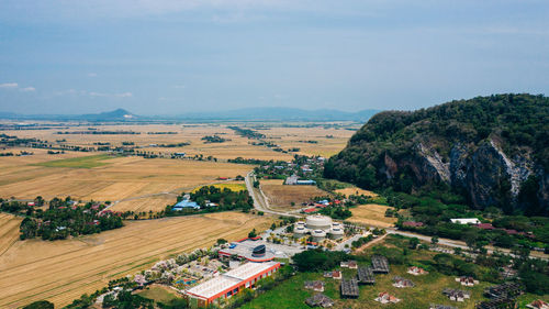 High angle view of agricultural field against sky