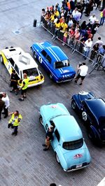 High angle view of toy car on road in city