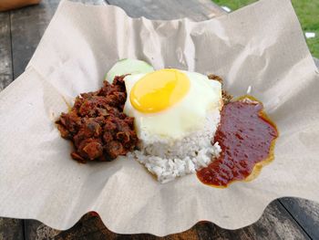 High angle view of meal served in paper